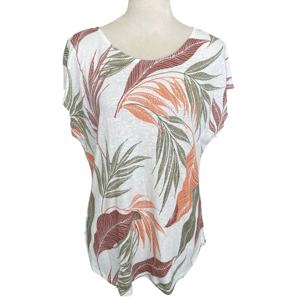 Orvis Linen Blend Floral Leaves Top Womens Size M Resort Coastal Boho Beach Chic